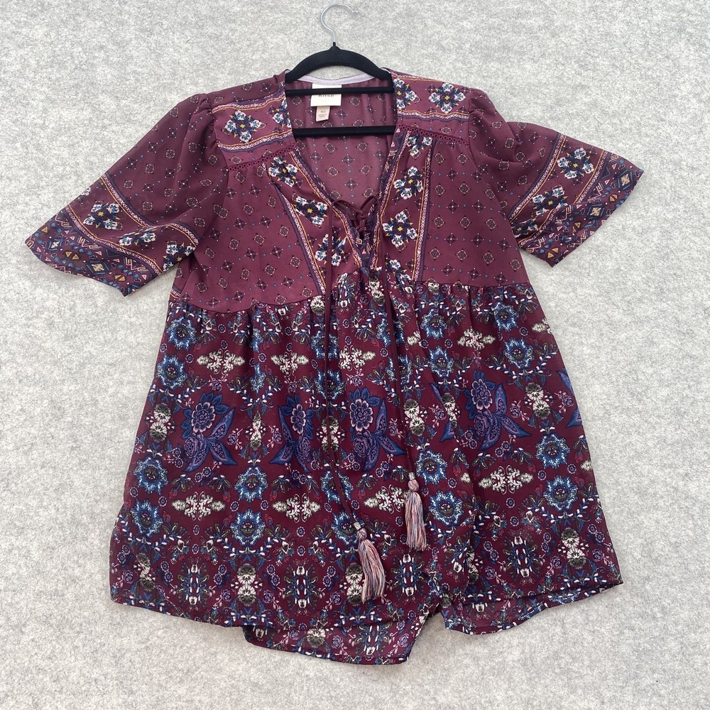 Knox Rose Top Womens XS Red Floral Boho Tunic V Neck Short Sleeve Summer Casual